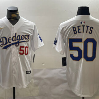 Men's Los Angeles Dodgers #50 Mookie Betts White Gold 2024 World Series Home Limited Stitched Baseball Jersey