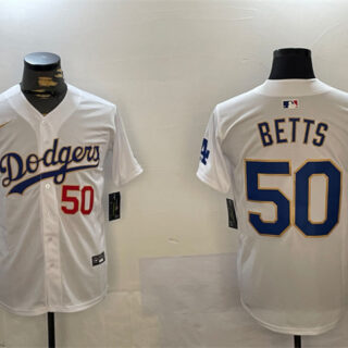 Men's Los Angeles Dodgers #50 Mookie Betts White Gold Home Limited Stitched Baseball Jersey