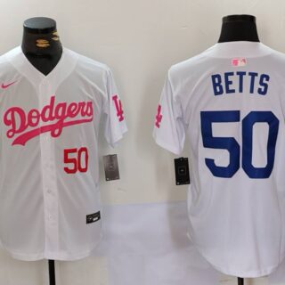 Men's Los Angeles Dodgers #50 Mookie Betts White Pink Vin & Kobe Patch Stitched Baseball Jerseys