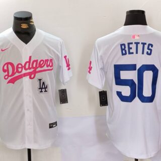 Men's Los Angeles Dodgers #50 Mookie Betts White Pink Vin & Kobe Patch Stitched Baseball Jerseys