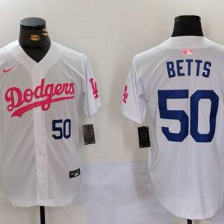Men's Los Angeles Dodgers #50 Mookie Betts White Pink Vin & Kobe Patch Stitched Baseball Jerseys