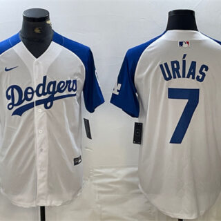 Men's Los Angeles Dodgers #7 Julio Urías White Blue Vin Patch Cool Base Stitched Baseball Jersey