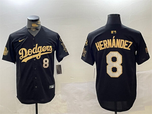 Men's Los Angeles Dodgers #8 Enrique Hernandez Black Gold 2024 World Series With Fernando Memorial Patch Limited Stitched Baseball Jersey