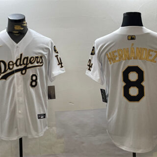 Men's Los Angeles Dodgers #8 Enrique Hernandez White Gold 2024 World Series With Fernando Memorial Patch Home Limited Stitched Baseball Jersey