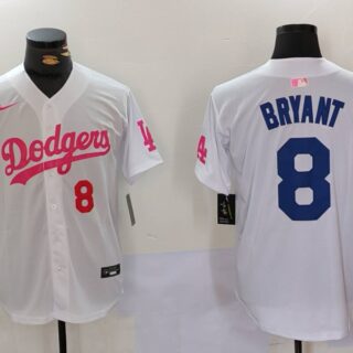 Men's Los Angeles Dodgers #8 Kobe Bryant White Pink Vin & Kobe Patch Stitched Baseball Jerseys