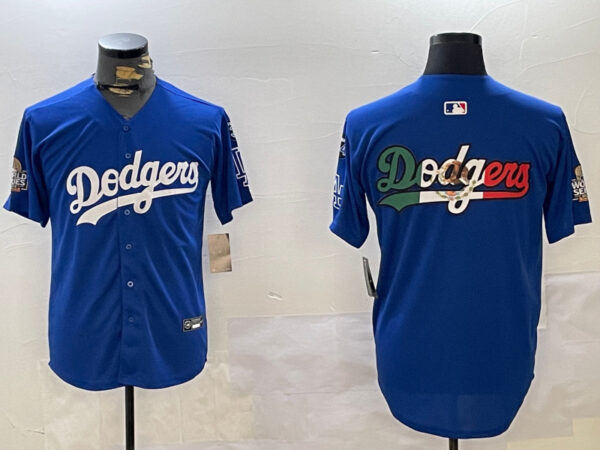 Men's Los Angeles Dodgers Blank Blue 2024 World Series With No. 34 Patch Home Limited Stitched Baseball Jersey(Run Small)