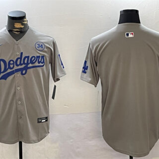 Men's Los Angeles Dodgers Blank Grey 2024 World Series With No. 34 Patch Limited Stitched Baseball Jersey