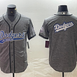 Men's Los Angeles Dodgers Grey Team Big Logo Cool Base With Patch Stitched Baseball Jersey