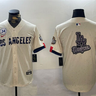 Men's Los Angeles Dodgers Team Big Logo Cream 2024 World Series With No. 34 Patch Limited Stitched Baseball Jerseys