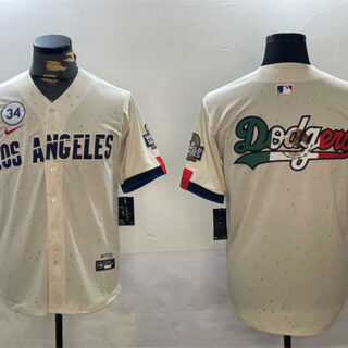 Men's Los Angeles Dodgers Team Big Logo Cream 2024 World Series With No. 34 Patch Limited Stitched Baseball Jersey
