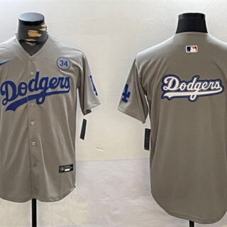Men's Los Angeles Dodgers Team Big Logo Grey 2024 World Series With No. 34 Patch Limited Stitched Baseball Jerseys