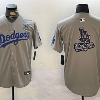 Men's Los Angeles Dodgers Team Big Logo Grey 2024 World Series With No. 34 Patch Limited Stitched Baseball Jerseys