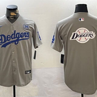 Men's Los Angeles Dodgers Team Big Logo Grey 2024 World Series With No. 34 Patch Limited Stitched Baseball Jerseys