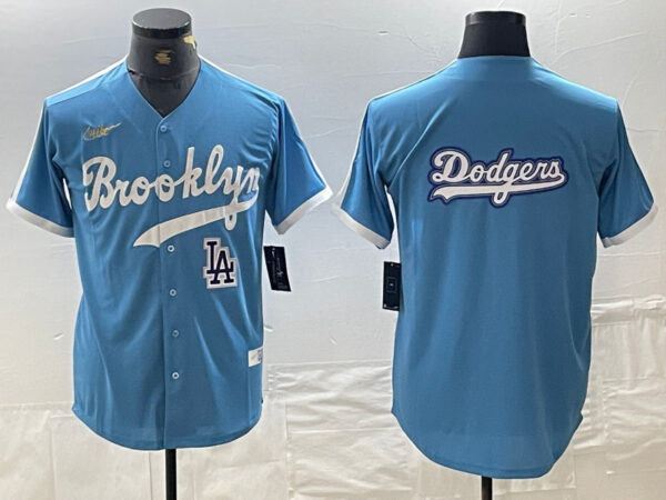 Men's Los Angeles Dodgers Team Big Logo Light Blue Throwback Cool Base Stitched Baseball Jerseys
