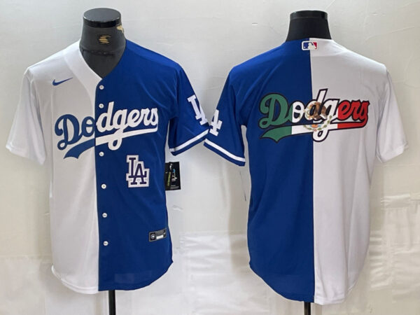 Men's Los Angeles Dodgers Team Big Logo White Blue Split Cool Base Stitched Baseball Jersey