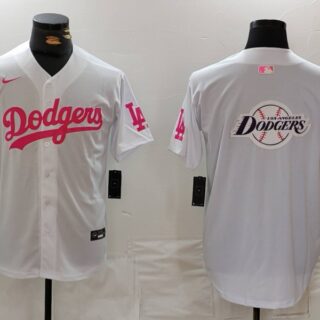 Men's Los Angeles Dodgers Team Big Logo White Pink Vin & Kobe Patch Stitched Baseball Jerseys