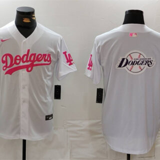 Men's Los Angeles Dodgers Team Big Logo White Pink Vin & Kobe Patch Stitched Baseball Jersey