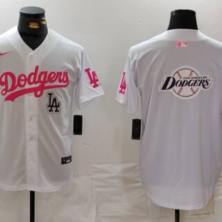 Men's Los Angeles Dodgers Team Big Logo White Pink Vin & Kobe Patch Stitched Baseball Jersey
