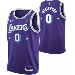 Men's Los Angeles Lakers #0 Russell Westbrook Purple 2021 City Edition 75th Anniversary Stitched Jersey
