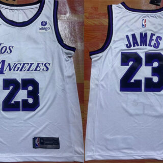 Men's Los Angeles Lakers #23 LeBron James 2022 23 White With NO.6 Patch Stitched Basketball Jersey