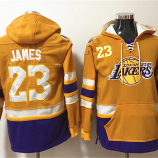 Men's Los Angeles Lakers #23 Lebron James Yellow Lace-Up Pullover Hoodie