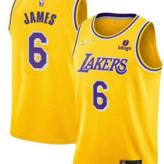 Men's Los Angeles Lakers #6 LeBron James Bibigo Yellow Stitched Basketball Jersey