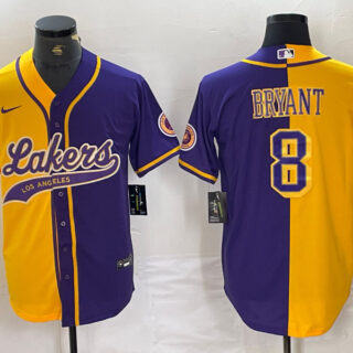 Men's Los Angeles Lakers #8 Kobe Bryant Gold Purple Split Stitched Baseball Jersey 4