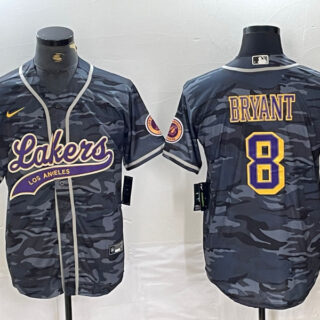 Men's Los Angeles Lakers #8 Kobe Bryant Grey Camo Cool Base Stitched Baseball Jersey 3