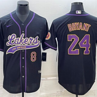 Men's Los Angeles Lakers Front #8 Back #24 Kobe Bryant Black Cool Base Stitched Baseball Jersey