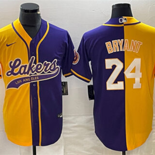 Men's Los Angeles Lakers Front #8 Back #24 Kobe Bryant Gold Purple Split Cool Base Stitched Baseball Jersey