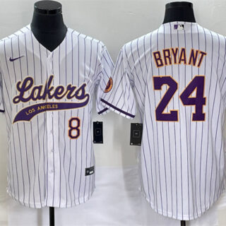 Men's Los Angeles Lakers Front #8 Back #24 Kobe Bryant White Cool Base With Patch Stitched Baseball Jersey