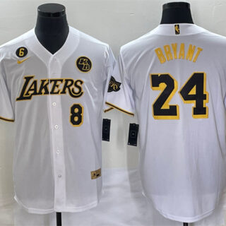 Men's Los Angeles Lakers Front #8 Back #24 Kobe Bryant With NO.6 And KB Patch White Cool Base Stitched Baseball Jersey