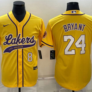 Men's Los Angeles Lakers Front #8 Back #24 Kobe Bryant Yellow Cool Base Stitched Baseball Jersey