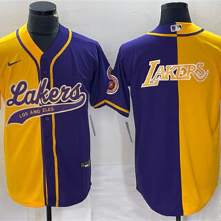 Men's Los Angeles Lakers Gold Purple Split Team Big Logo Cool Base Stitched Baseball Jerseys