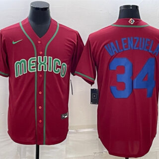 Men's Mexico Baseball #34 Fernando Valenzuela 2023 Red Blue World Baseball Classic Stitched Jersey