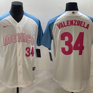 Men's Mexico Baseball #34 Fernando Valenzuela 2023 White Blue World Baseball Classic Stitched Jersey