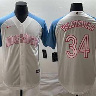 Men's Mexico Baseball #34 Fernando Valenzuela 2023 White Blue World Baseball Classic Stitched Jersey