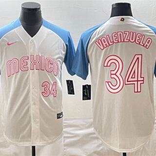 Men's Mexico Baseball #34 Fernando Valenzuela 2023 White Blue World Baseball Classic Stitched Jerseys