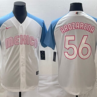 Men's Mexico Baseball #56 Randy Arozarena 2023 White Blue World Baseball Classic Stitched Jersey