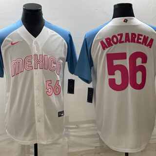 Men's Mexico Baseball #56 Randy Arozarena 2023 White Blue World Baseball Classic Stitched JerseyS 1