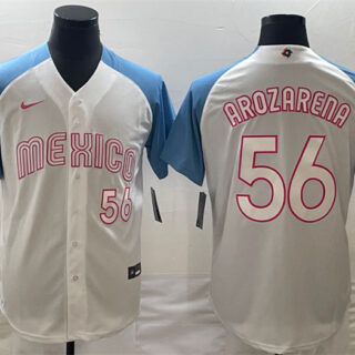Men's Mexico Baseball #56 Randy Arozarena 2023 White Blue World Baseball Classic With Patch Stitched Jersey