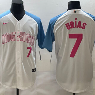 Men's Mexico Baseball #7 Julio Urías 2023 White Blue World Baseball Classic Stitched Jersey
