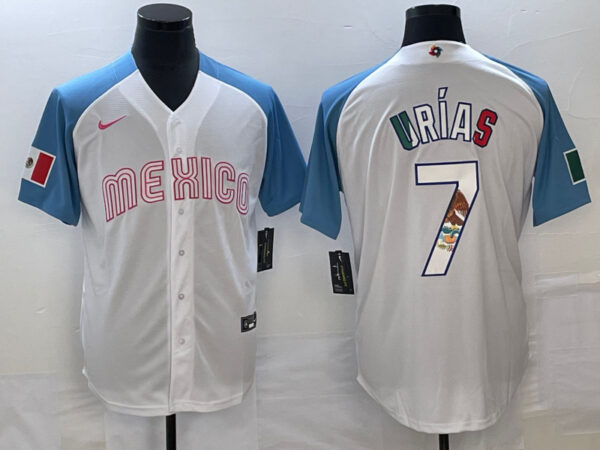 Men's Mexico Baseball #7 Julio Urías 2023 White Blue World Baseball Classic Stitched Jersey