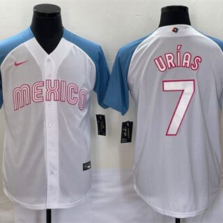 Men's Mexico Baseball #7 Julio Urías 2023 White Blue World Baseball Classic Stitched Jersey