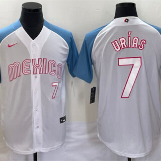 Men's Mexico Baseball #7 Julio Urías 2023 White Blue World Baseball Classic Stitched Jerseys