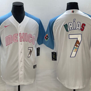 Men's Mexico Baseball #7 Julio Urías 2023 White Blue World Baseball Classic With Patch Stitched Jersey
