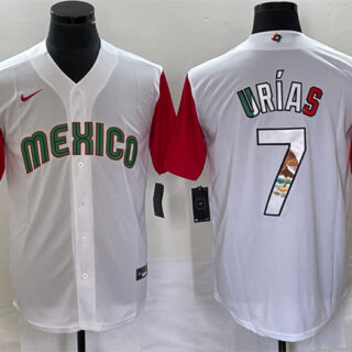 Men's Mexico Baseball #7 Julio Urías 2023 White Red World Baseball With Patch Classic Stitched Jersey 2