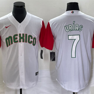 Men's Mexico Baseball #7 Julio Urías 2023 White Red World Baseball With Patch Classic Stitched Jersey 3