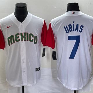 Men's Mexico Baseball #7 Julio Urías 2023 White Red World Baseball With Patch Classic Stitched Jersey 5