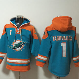 Men's Miami Dolphins #1 Tua Tagovailoa Aqua Lace-Up Pullover Hoodie